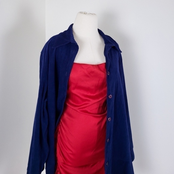 Vintage Button Down Shirt Top Cover-up Cardigan Duster Flannel Fleece Navy - Picture 2 of 12